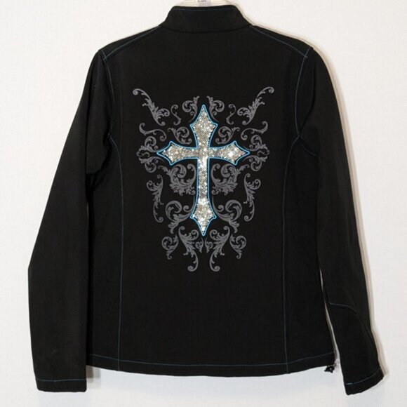 COWGIRL HARDWARE, Black Western Slim Fit Jacket; Bling Cross; Teal Trim; Size L - Picture 3 of 6